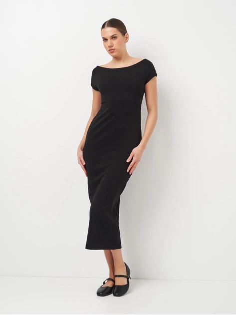 Zara Black Fitted Boatneck Midi Dress Cap Sleeve Bodycon Size Xl